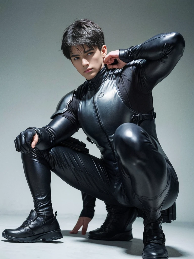 ((Best Quality, 8K, ultra-detailed, Masterpiece: 1.3)), 1boy, shiny skin, sharp, Perfect Body Beauty, realistic shaded perfect body, (cute baby face:1.1),("bodysuit, techwear,big bulge ":1.2),("leggins , armor":1.1),("glove, armor":1.1 ),(techwear)(dynamic pose:1.1), thigh , battle field , (bulge focus:1.2) ,squatting, huge fat buttock , torn bodysuit , broken bodysuit