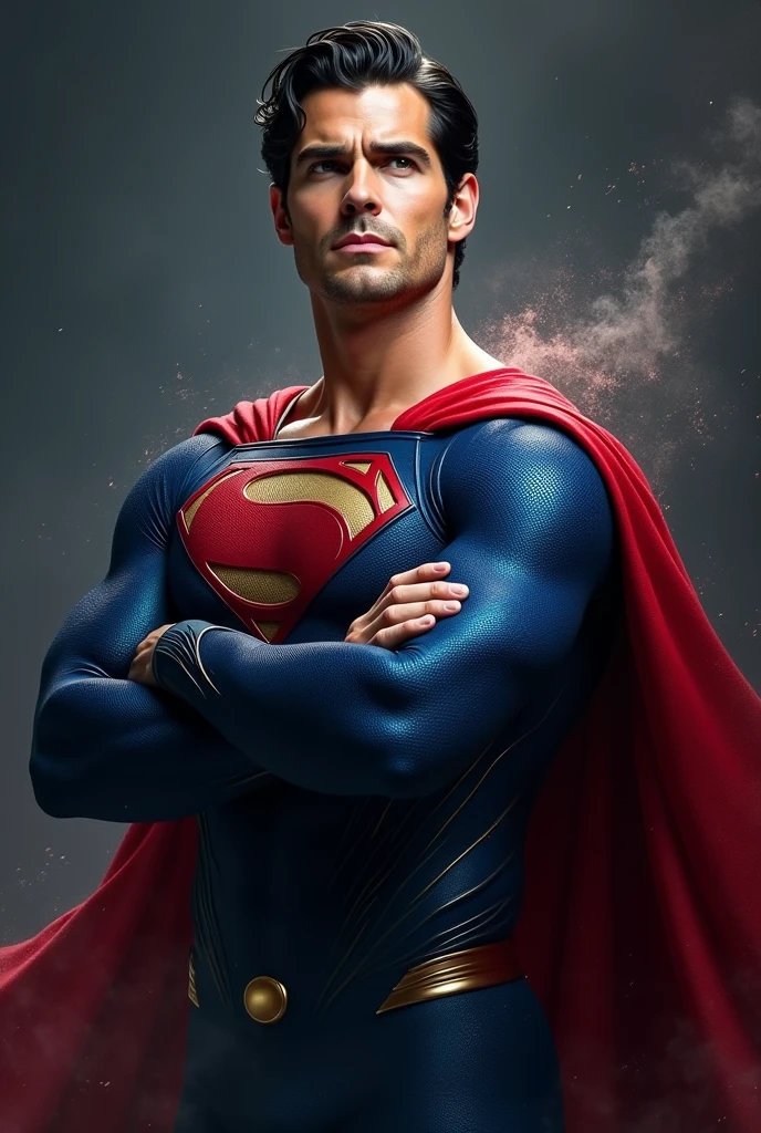 1 man, solo, Henry Cavill as Superman, 40s year old, all blue and red details suit, bare hands, big red S symbol on the chest, red cape, strain of hair covering forehead, short cut hair, tidy hair, tall, manly, hunk body, muscular, wide shoulder, straight face, black hair, best quality, high resolution:1.2, masterpiece, raw photo, dark background, detailed suit, detailed face, upper body shot, crossed arms, runic scene in the background Experiment with portraying the dynamic nature of emotions. Use swirling, flowing, or kinetic brushwork to depict the movement of emotions within the portrait. shutterstock, herry cavill, portrait of henry cavill, henry cavill!!!, henry cavill, superman, superman pose, Showcase the model in a dynamic, action-oriented pose that exudes energy and movement. Experiment with dramatic angles and perspectives.