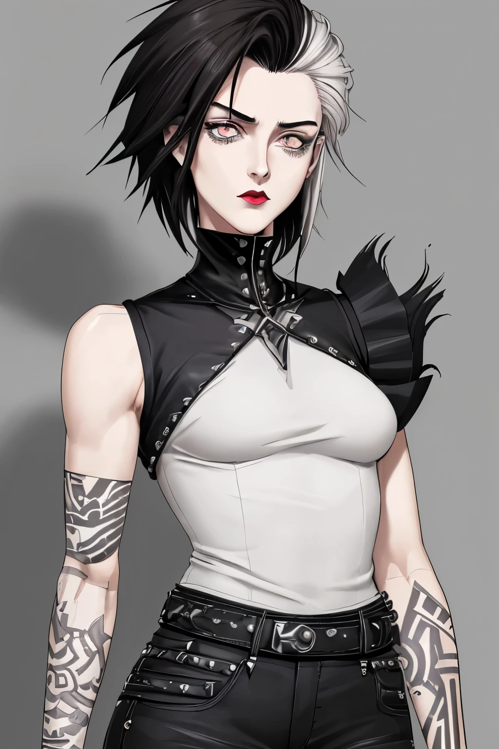 anime styling,Margarette appears as a tall, masculine-looking person,he has short gray hair with shaved designs and dark lips similar to punk rock.

anime styling,a girl with shoulder-length black hair,fair skin with white eyes and dark brown pupils,neutral look,rosto comprido,1,77cm,medium droopy eyes.