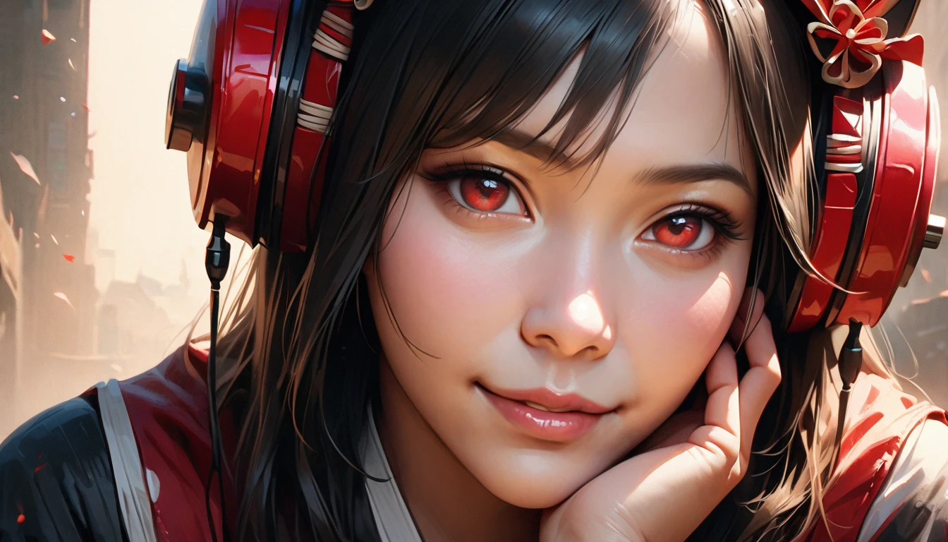 1girl, japanese girl, close up face, beautiful japanese woman, black hair, hand on face, smiling, demon, downturned eyes, red eyes, (best quality,4k,8k,highres,masterpiece:1.2),ultra-detailed,(realistic,photorealistic,photo-realistic:1.37),ink painting, ornate hair accessories, traditional japanese headphones