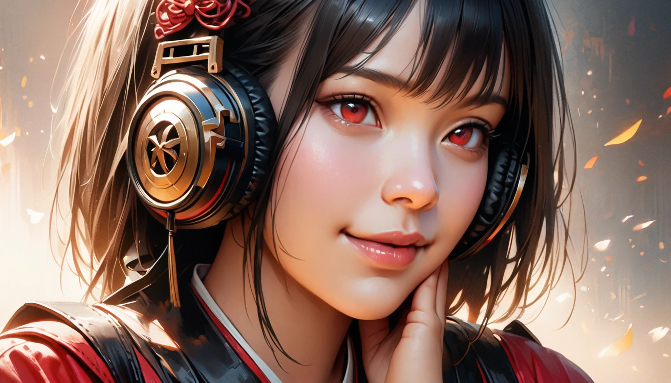 Black haired boy with red highlights and reddish eyes. Breasts, headphones, streaked hair, Red eyes,