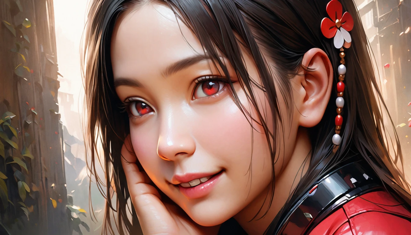 1girl, japanese girl, close up face, beautiful japanese woman, black hair, hand on face, smiling, demon, downturned eyes, red eyes, (best quality,4k,8k,highres,masterpiece:1.2),ultra-detailed,(realistic,photorealistic,photo-realistic:1.37),ink painting, ornate hair accessories, traditional japanese headphones