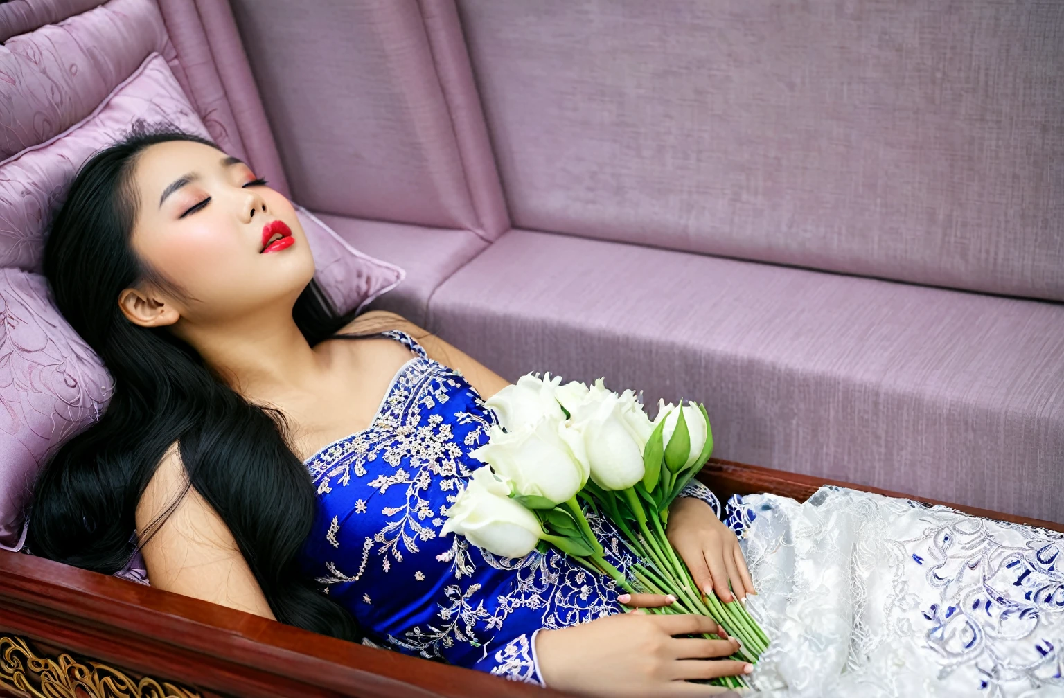 In a striking 8K HDR scene, a stunning Korean woman, 22 years old, lies peacefully in a long coffin and coffin lid beside the dead body. surrounded by plush pillows behind head. The deep box is set against a rich white background, accentuating the beauty of the subject. Her exquisite deep-V neckline kebaya attire is embroidered with superb detail, showcasing her round and firm breasts, perfect cleavage, and beautiful eyebrows. Her closed eyes and mouth give an air of serenity, while her visible and absolute cleavage leave nothing to imagination. The scene is bathed in saturated colors, highlighting every intricate aspect from the ball skirt to her clean face, straight body, detailed hand perfect hands, straight body, own hands together, own hand on stomach, detailed hands, perfect hands, holding the flowers, interlocked fingers