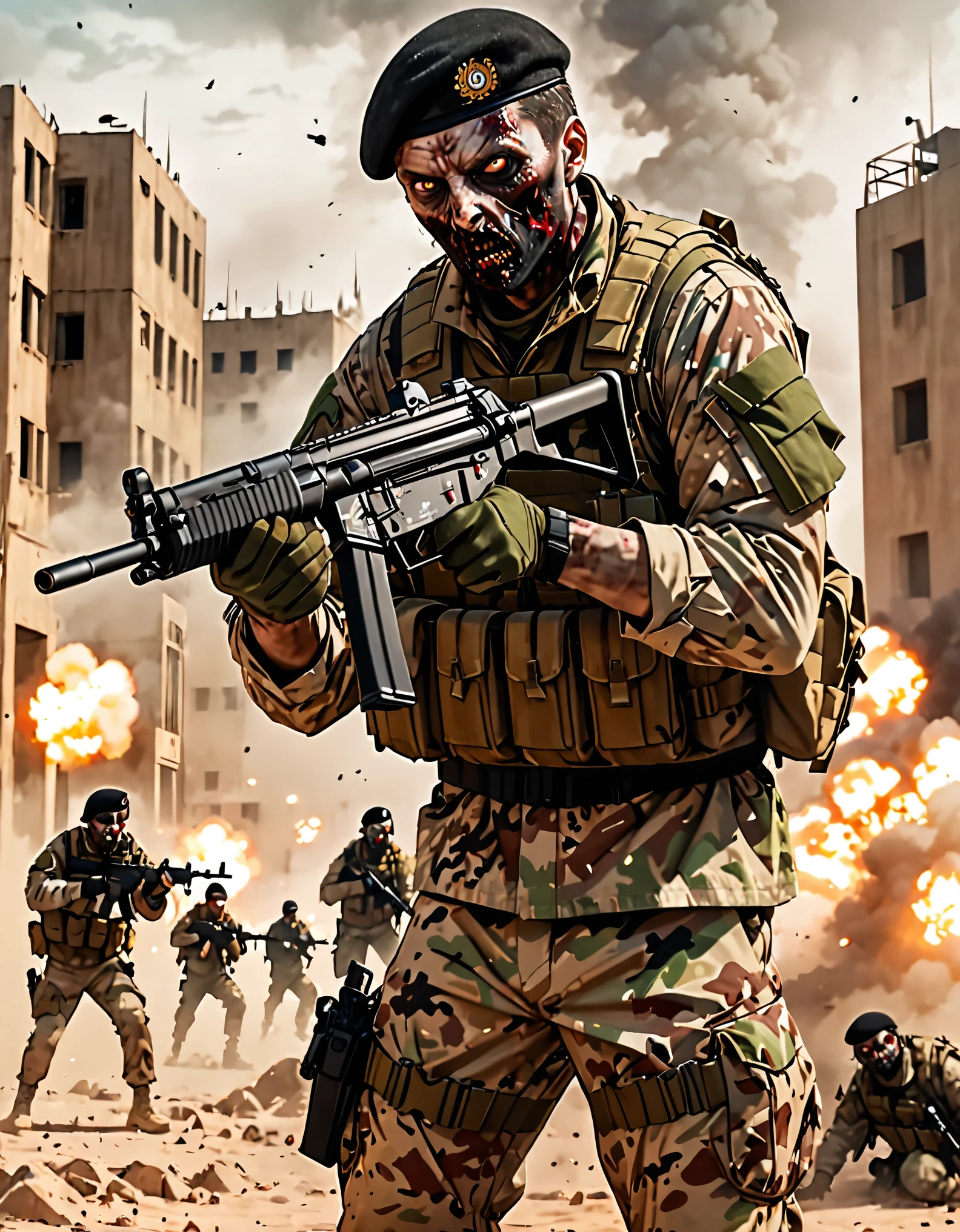 (masterpiece), (best quality), (high res), 1man, solo, solo focus, finger proportions coordination, highly detailed, professional, zombie, dark brown eyes, British, SAS, Special Air Service, soldier, desert camouflage uniform, assault vest, black military beret, British sas soldier. action pose, shooting stance, invading a US military base, holding an mp5 Heckler & Koch MP5 style, foggy atmosphere, explosions, grim atmosphere, green mist. sfw.