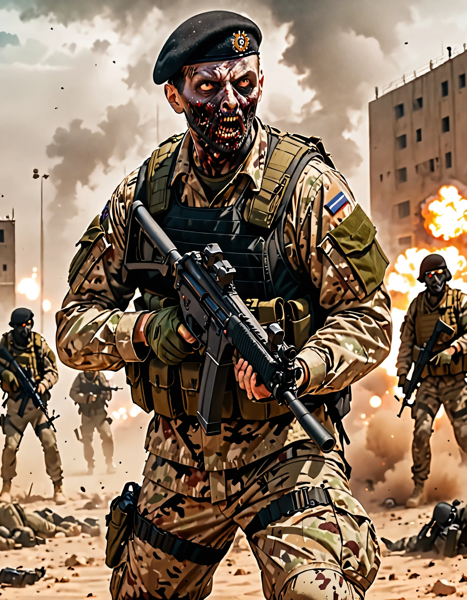 (masterpiece), (best quality), (high res), 1man, solo, solo focus, finger proportions coordination, highly detailed, professional, zombie, dark brown eyes, British, SAS, Special Air Service, soldier, desert camouflage uniform, assault vest, black military beret, British sas soldier. action pose, shooting stance, invading a US military base, holding an mp5 Heckler & Koch MP5 style, foggy atmosphere, explosions, grim atmosphere, green mist. sfw.