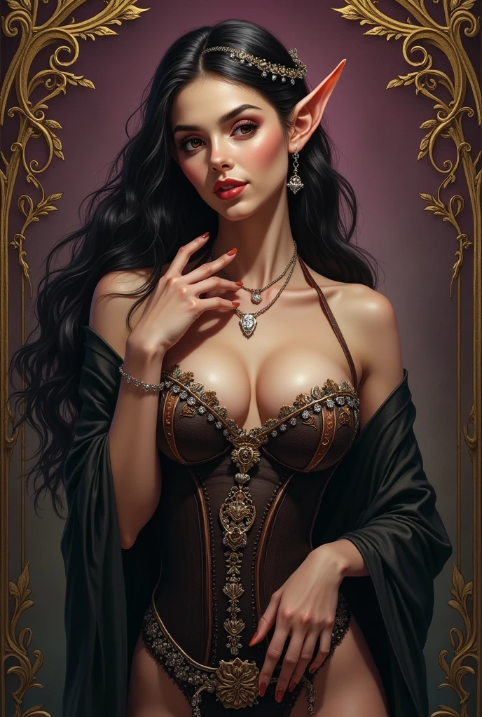 Create a detailed portrait of an elven woman with a seductive and provocative appearance, that reflects his role as a character who works in brothels. The elf must have marked and attractive facial features with a sensual and complicit smile and penetrating and seductive eyes that transmit a feeling of danger and attractiveness.. Your skin should have a smooth, radiant complexion with a subtle glow that enhances your ethereal beauty..
Must have long, loose hair of an intense, deep color like jet black., reddish brown or platinum blonde, cascading down the back or styled in loose, voluminous waves. The elf must have a voluptuous and full figure with a body that appears lush and of generous proportions., emphasizing her curves and giving her a strong and striking presence. Your breasts should be large and well defined., accentuated by their revealing and ornate clothing. Your outfit should be elegant and provocative, perhaps a low-cut dress with intricate designs or a corset adorned with jewels and lace, that highlights your curves while maintaining an air of elven grace.
The elf must make a provocative gesture with her hands, like playfully running your fingers along her collarbone or pulling down the hem of her corset, which increases her seductive and tempting attitude. This action should be subtle but suggestive., and enhance your overall seductive presence.
Surround the character with intricate ornamental frames or patterns that reflect a mix of beauty and sensuality.. These may include vines, Floral motifs and delicate, swirling lines add to the overall appeal of the image.. The background may suggest a luxurious and exotic setting., with intense and dark tones like deep purples, Golds and reds that evoke the atmosphere of a high-class brothel.
The overall style should emphasize a balance between elegance and sensuality., Capturing the essence of a character that is both captivating and mysterious, with a pr