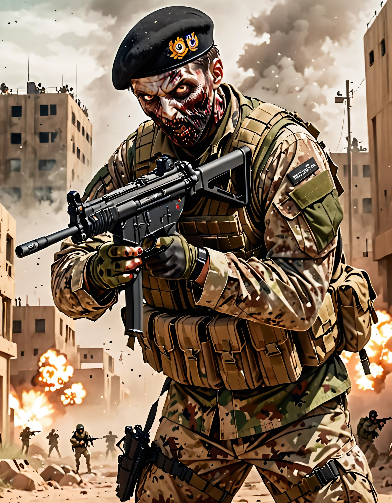 (masterpiece), (best quality), (high res), 1man, solo, solo focus, finger proportions coordination, highly detailed, professional, zombie, dark brown eyes, British, SAS, Special Air Service, soldier, desert camouflage uniform, assault vest, black military beret, British sas soldier. action pose, shooting stance, invading a US military base, holding an mp5 Heckler & Koch MP5 style, foggy atmosphere, explosions, grim atmosphere, green mist. sfw.