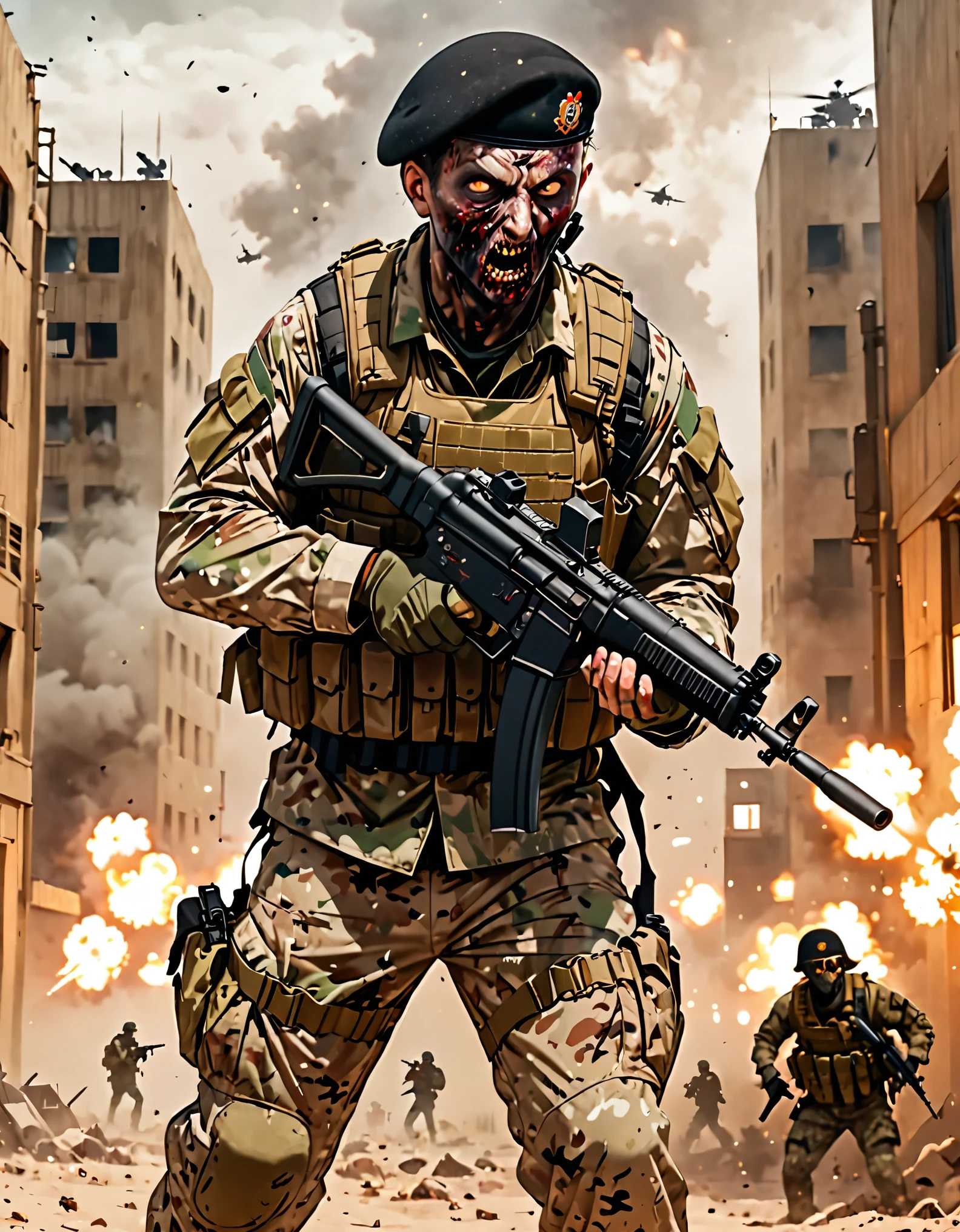 (masterpiece), (best quality), (high res), 1man, solo, solo focus, finger proportions coordination, highly detailed, professional, zombie, dark brown eyes, British, SAS, Special Air Service, soldier, desert camouflage uniform, assault vest, black military beret, British sas soldier. action pose, shooting stance, invading a US military base, holding an mp5 Heckler & Koch MP5 style, foggy atmosphere, explosions, grim atmosphere, green mist. sfw.