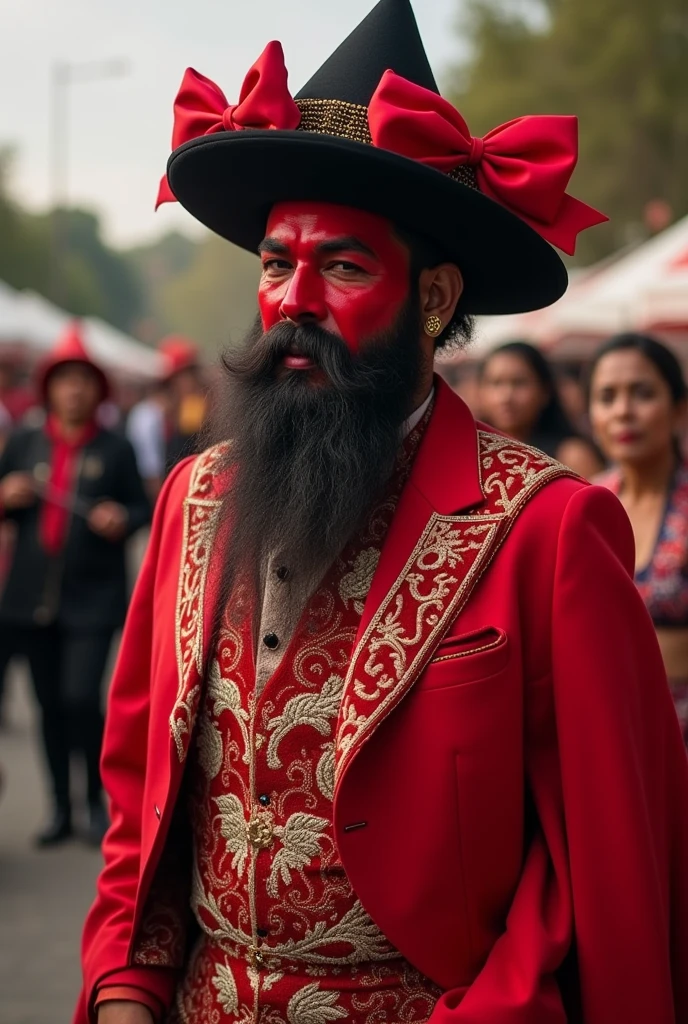 Create the image of a Pilate from the dance of Santiagos de Coscomatepec Veracruz wearing a red suit with white details, a red cape, a black three-cornered hat with red bows on each peak. A red mask with a beard that is half black and half gold