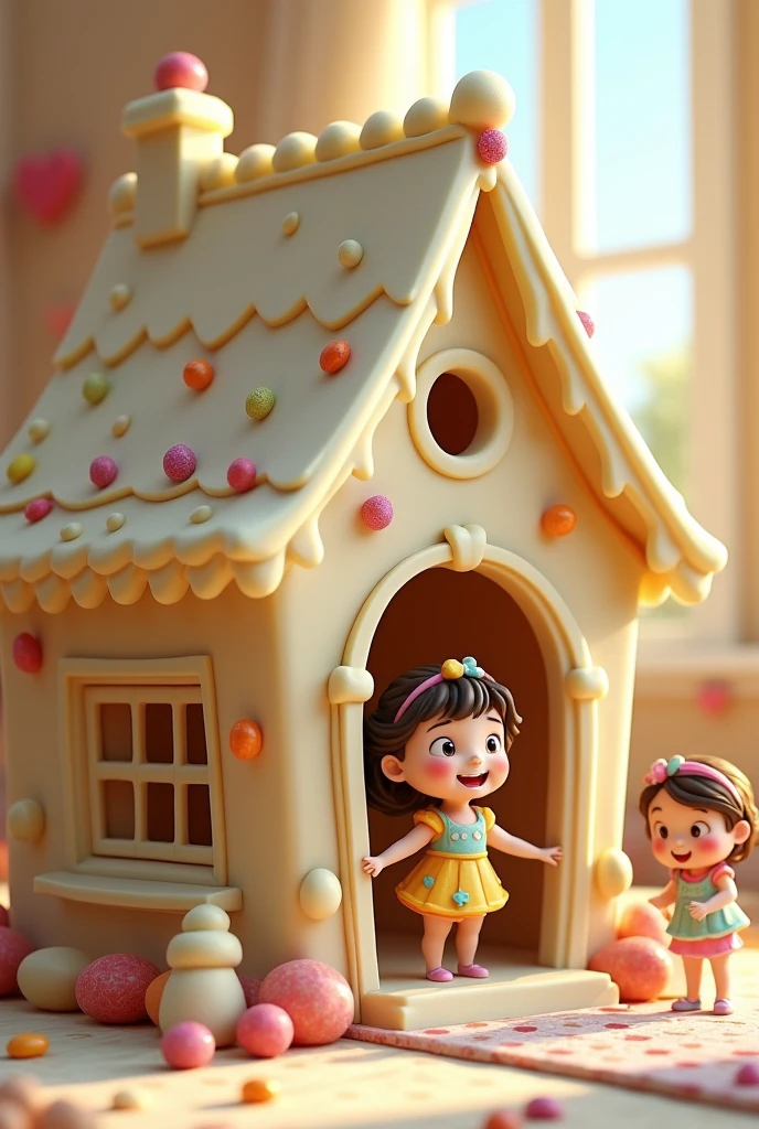 white chocolate and coffee house with jelly beans and a happy girl inside the house and a happy girl outside the chocolate house