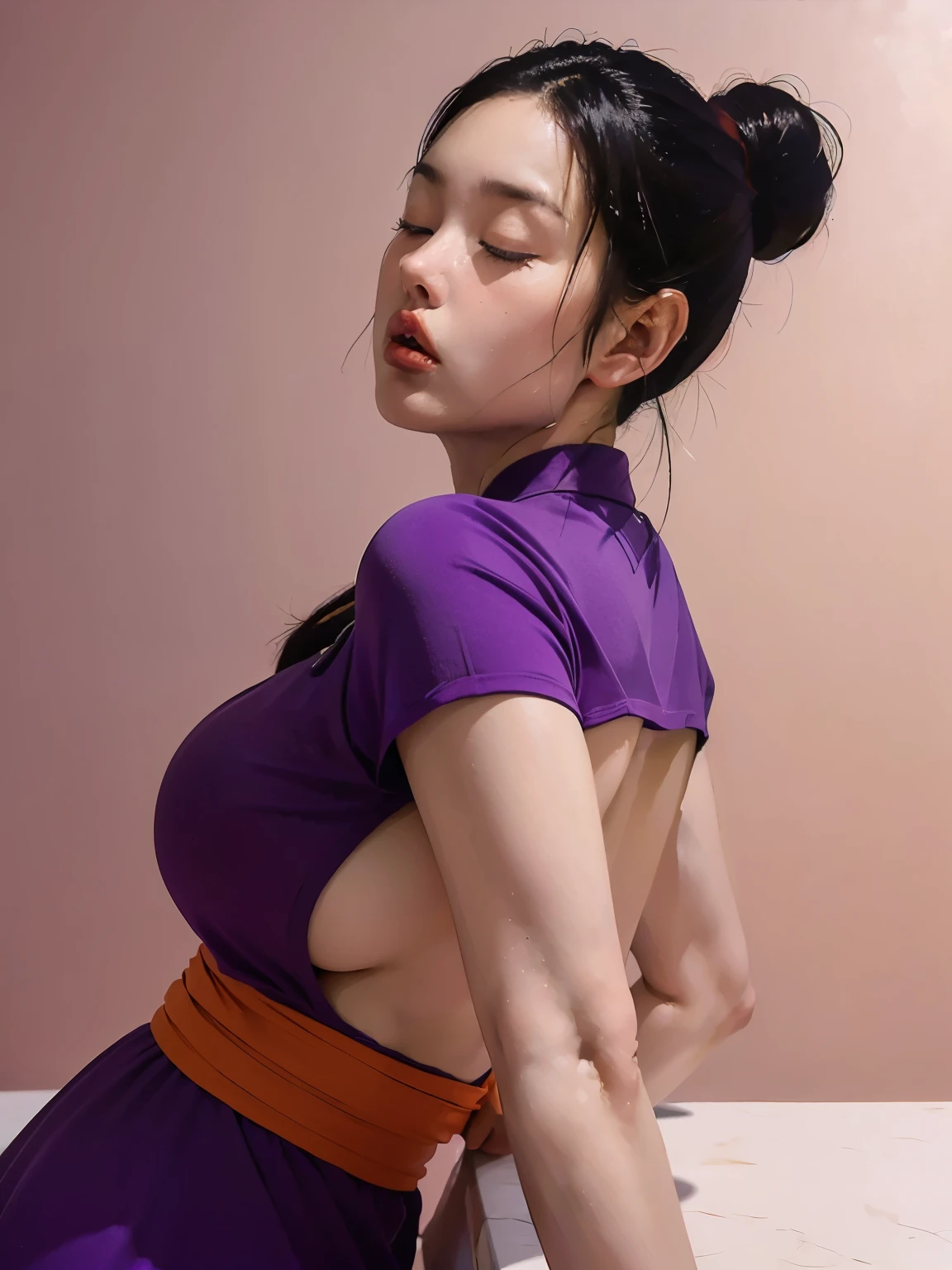 (masterpiece:1.2, best quality:1.2), (1girl), professional lightings, cinematic lightings, 8k wallpaper, ultra realistic portrait of chichi, dragonball, chichi_dbz, (ultra realistic mature older face, ultra detailed mature older face, realistic wrinkles on face and eyes, detailed wrinkles on face and eyes), ((purple china dress, orange scarf)), bangle, bracelet, bare foots, detailed face, detailed eyes, highres, detailed skin texture, ultra slim waist, perfect slim body style, black hair, (dango hair:1.25, parted long bangs:1.1), big eyes, double eyelids, ((((ultra huge breasts, ultra huge tits, ultra huge boob, ultra huge cleavages)))), ((ultra realistic exterior of Kame house kitchen room, ultra detailed exterior of Kame house kitchen room, pink painted wall:1.1 refrigerator, visible aqua marine ocean via window, counter table, bar chair, cooking utensils, dishes in sink, kitchen countertop, cabinet)), (((Ultra-realistic Pout kiss face Pout kiss face))), zoom up face, close up face, focus on face, ((directly side view, directly side angle)), (((closing eyes))), nsfw,