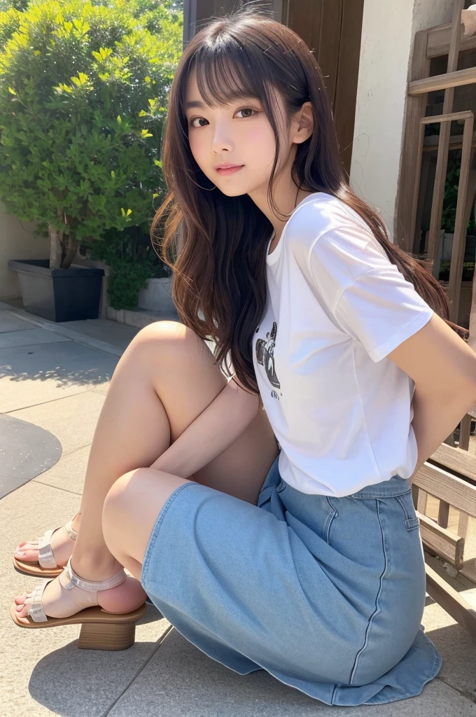 Tabletop, 最high quality, figure, Very detailedな, Fine details, High resolution, 8k wallpaper, Perfect dynamic composition, 美しいAttention to detail目, Natural lips,The best texture, high quality, Ultra HD, 8k, whole bodyphotograph, Realistic, Very detailed, Attention to detail, Ultra Clear,Japanese One person alone semi-long Wave cute photograph Real front Whitening older sister looking at the camera Small face Adult-like summer Beautiful feet whole body I wore mules Ultra high definition Long skirt T-Shirts mature Looking back