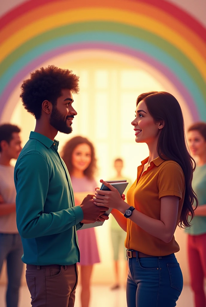 representation of comprehensive sexual education with two main characters and more elements of the same in the background. With the rainbow's colors.