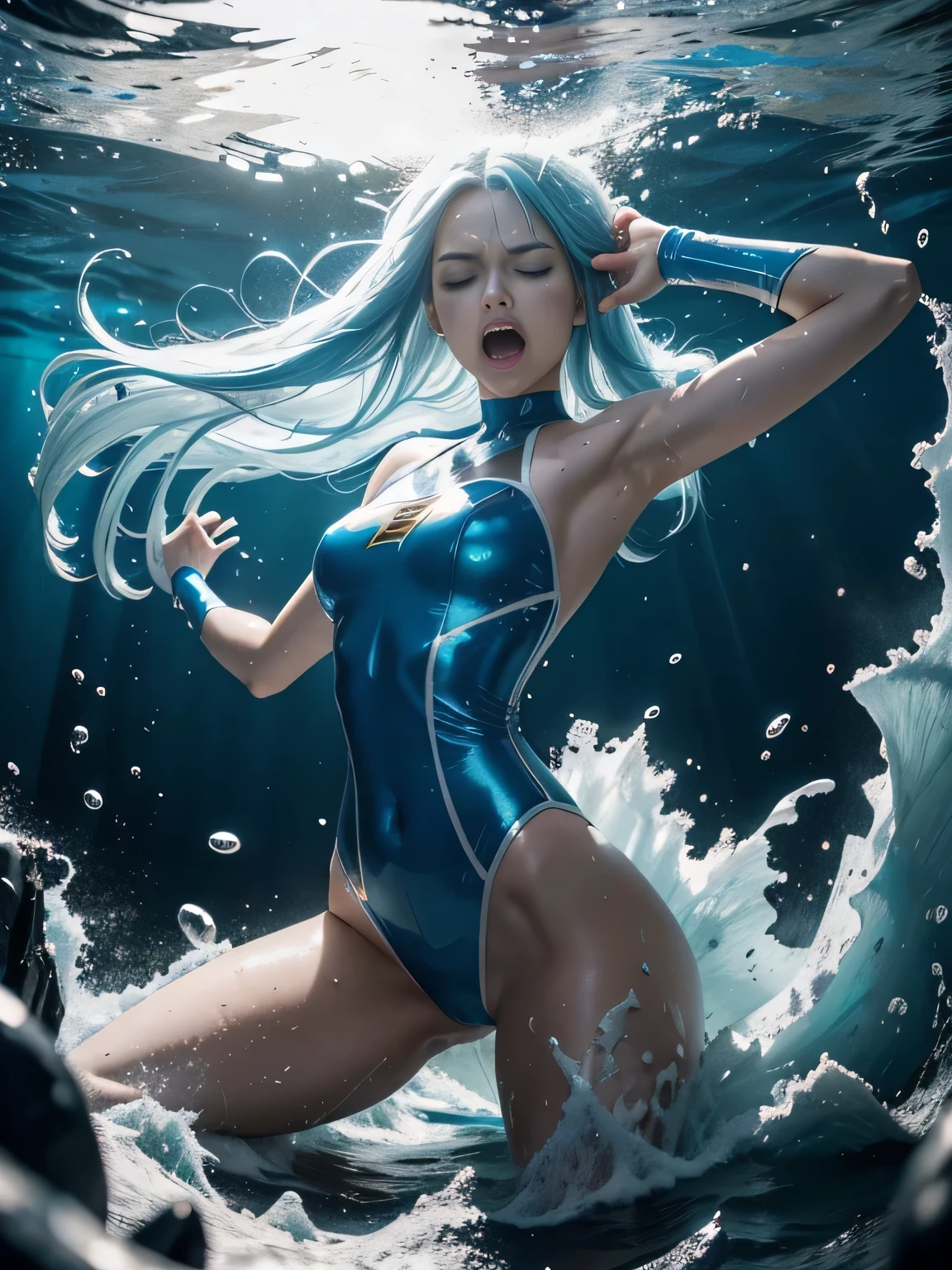 superheroine, long long gorgeous light blue hair, slender body, latex, leotard, blue and white costume, (crushed), over dark water, (heavy water), dark undersea distorted, water be raging, waterhits like bullet, attacked by water bomb, cruelly, (painful), helpless, screaming in pain, eyes closed, holding on, crouching, gritting teeth, squirming, suffering,((body distorted)), ((body thrown away)), ((body blown away)), can't stand, (lying face up), hair swaying in water, in deepsea