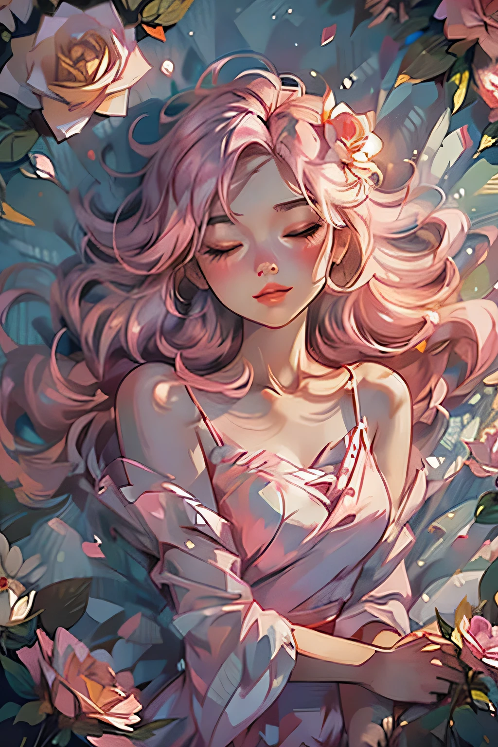 Shui 001,One girl, alone, flower, dress, Blonde, close your eyes,pink flower, Rose, Lie in, white dress, pink Rose, behind, lips, compensate, No sleeve, flower柄プリント