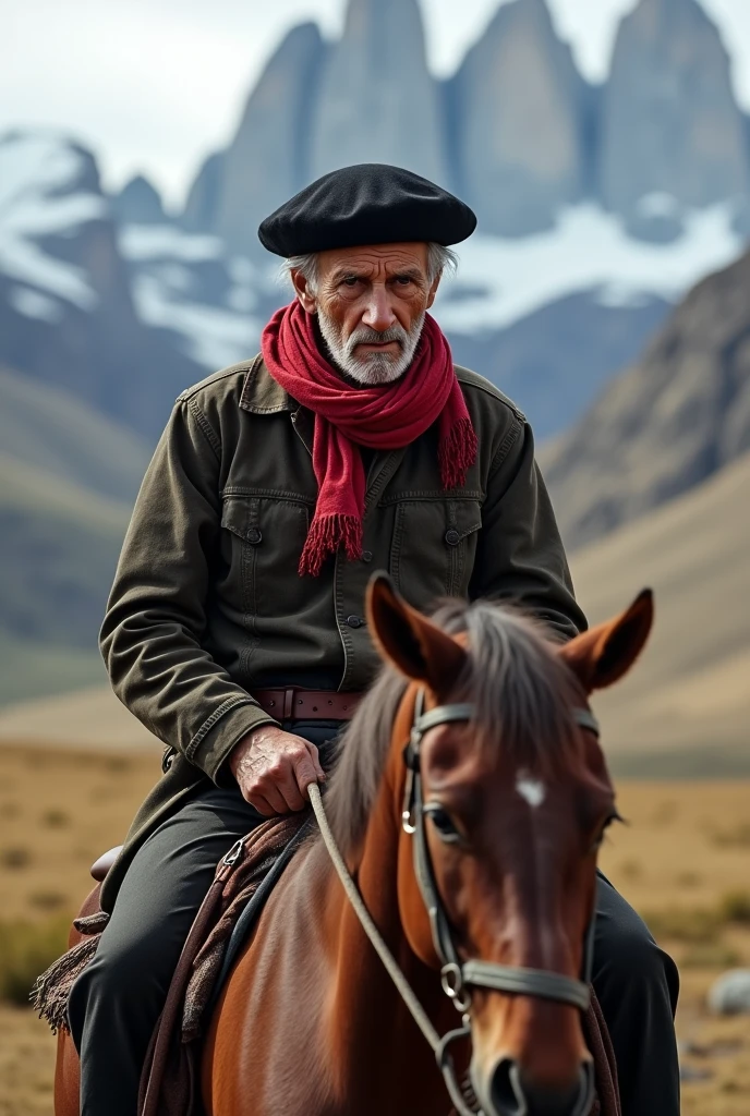 Old gaucho with black beret on his head and red scarf around his neck riding his horse in Torre del Paine, full profile and horizontal image 