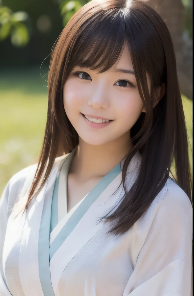 best quality, face focus, soft light, ultra high res, (photorealistic:1.4), RAW photo,(Shinozaki Ai), white skin, kawaii, 1 Japanese girl, solo, cute, (smile), (pupil, lights in the eyes),  detailed beautiful face, Medium-sized breasts,(high resolution detail of human skin texture),(long hair),(portrait), upper body, white traditional kimono,