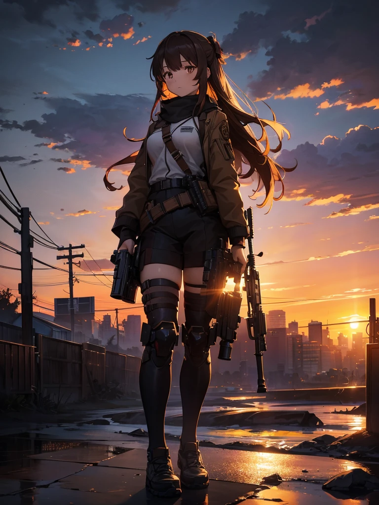 Cityscape, building, Skyline, sunset, Silhouette with cumulonimbus clouds in the background, meditation. Watching the beautiful sunset, sunset時に, sunset時, sunsetとともに, In the sunset, Nice views, Sunset view, With the sunset, sunset時に, During Golden Hour, looking sunset時に, Sunset in the background, Watching the sunset, In the spotlight, holding_gun, assault_rifle, Very detailed, Brown Hair, Long Hair, Anime Style, whole body, alone, Stylish Gunfighter Girl, Holding a steampunk long barrel pistol, The background is a dark and desolate landscape, Horror movie atmosphere. Her figure is very beautiful, Emphasizing the dark and crazy elements. Skillfully expressing the effects of light and shadow, Anime girls with guns and rifles, from Girls' Frontline