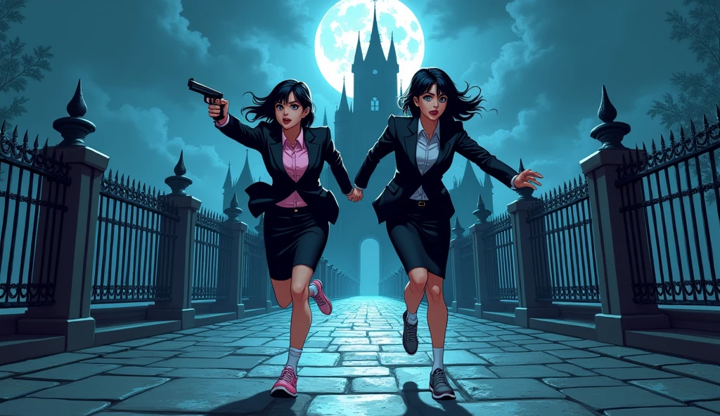 Two girls, short black hairs, (The first girl wear a black suit, pink shirt, black pencil skirt, white socks, pink sneakers), (The second girl wore a black suit, grey shirt, black pencil skirt, white socks, grey sneakers), holding a handguns, running to the long bridge of the vampire castle, night, cartoon novel, 4K, HD
