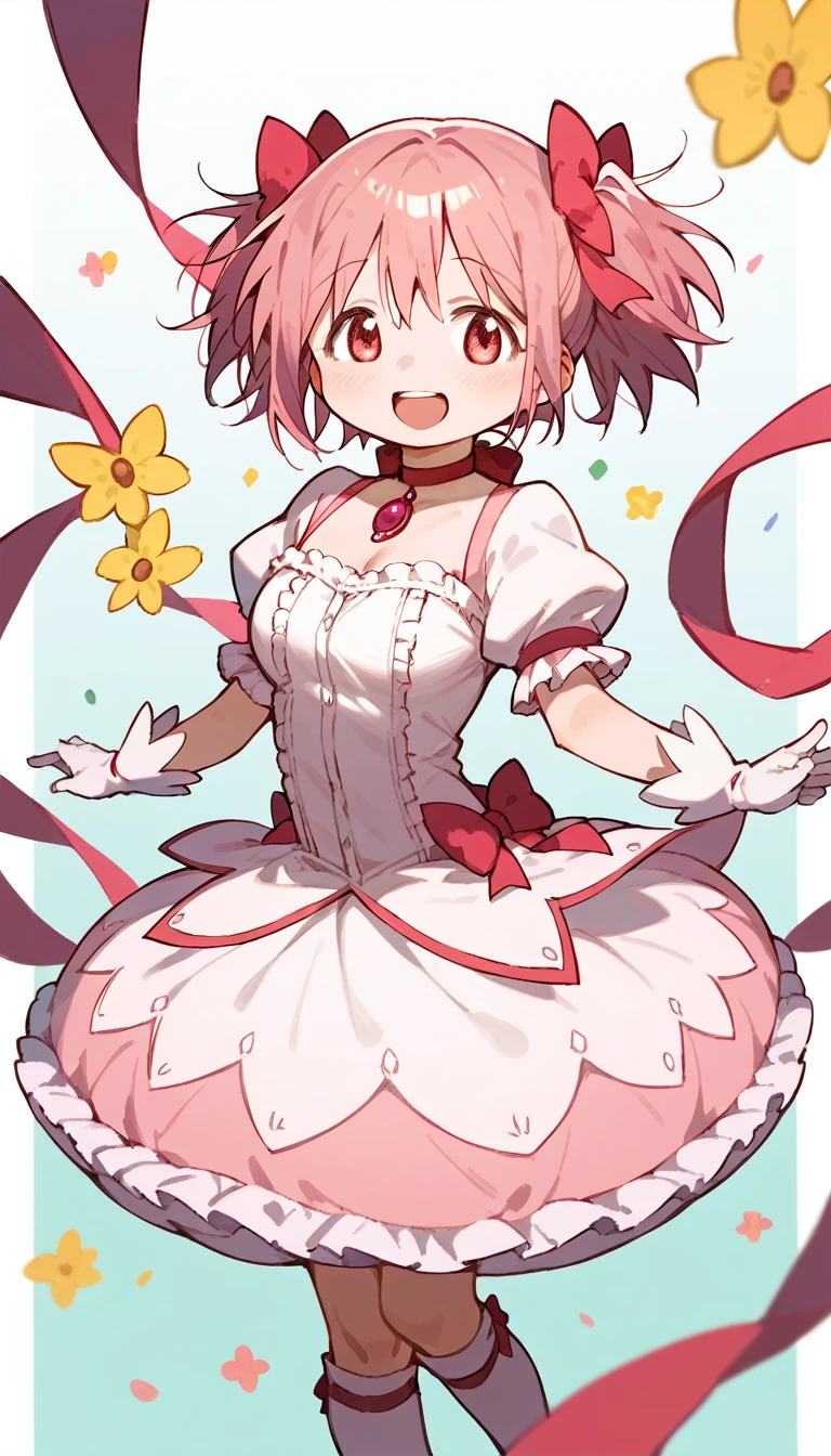 (masterpiece), best quality, child, ****, 1girl, huge breasts, pink hair, madoka \(Puella Magi Madoka Magica\), short twintails, magical girl, standing, smile, open mouth, happy, looking at viewer, 