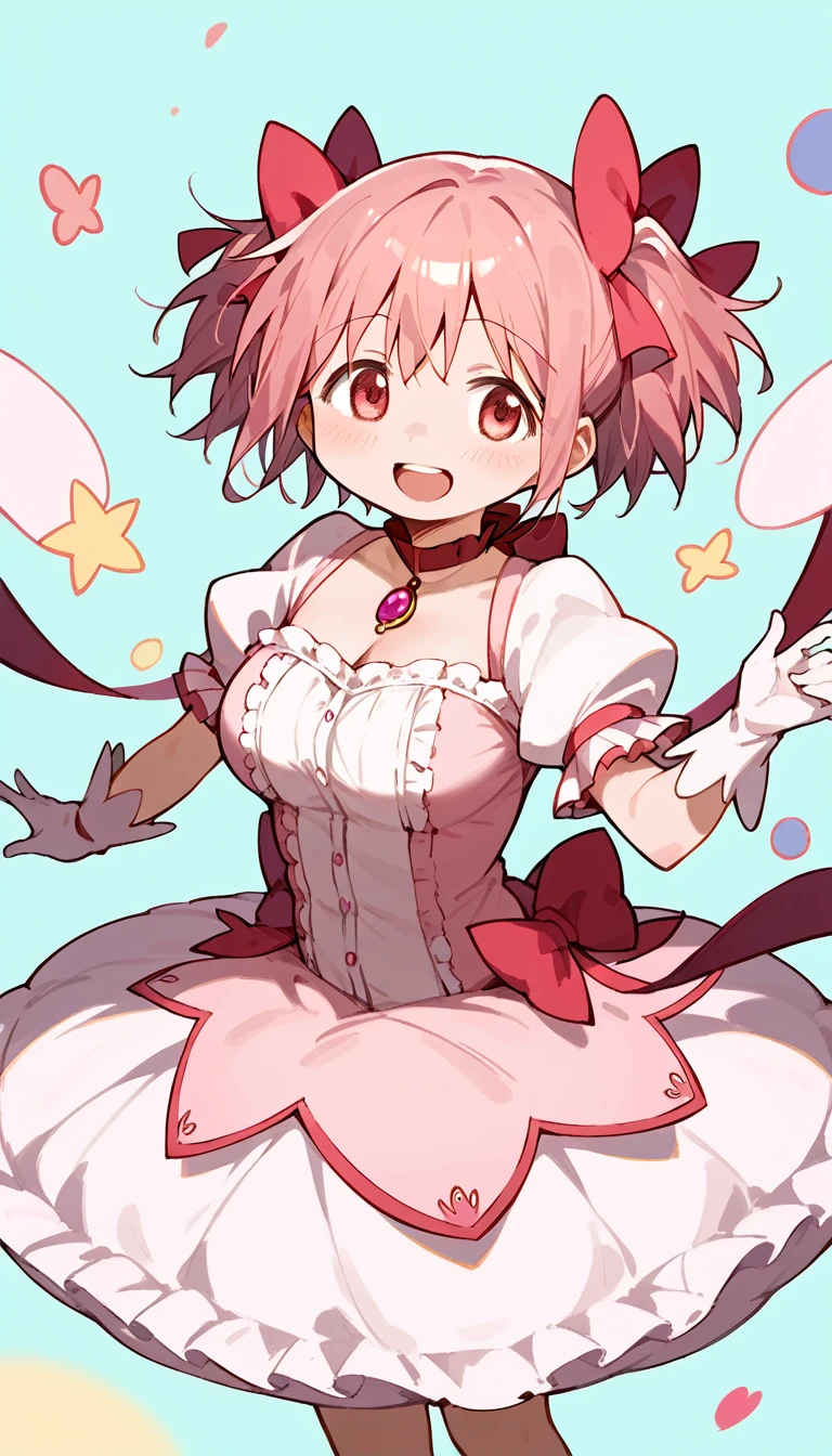 (masterpiece), best quality, child, ****, 1girl, huge breasts, pink hair, madoka \(Puella Magi Madoka Magica\), short twintails, magical girl, standing, smile, open mouth, happy, looking at viewer, 