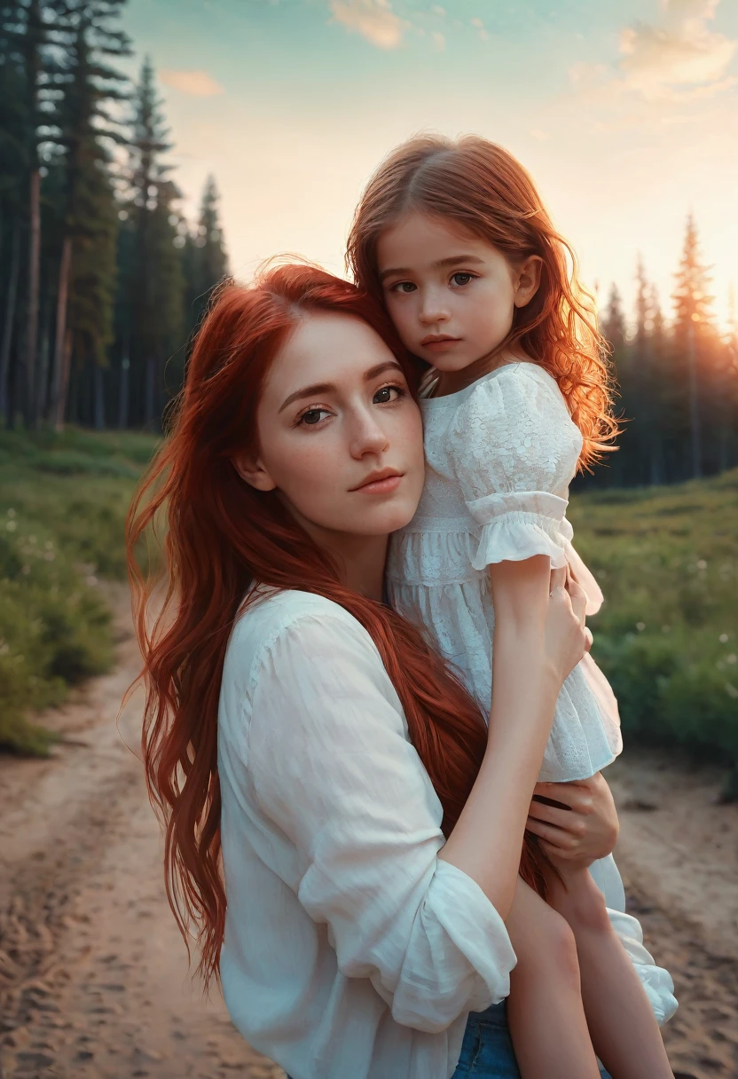 There is a woman holding a on her shoulders, a photo of irakli nadar, tumblr, Digital art, with a girl, Hermosa photo, emotional image, redhead girl, alena aenami and lilia alvarado, beautiful realistic photo, beautiful, Absolutely exceptional image, very beautiful photo, (Digital art), maternal, young and cute