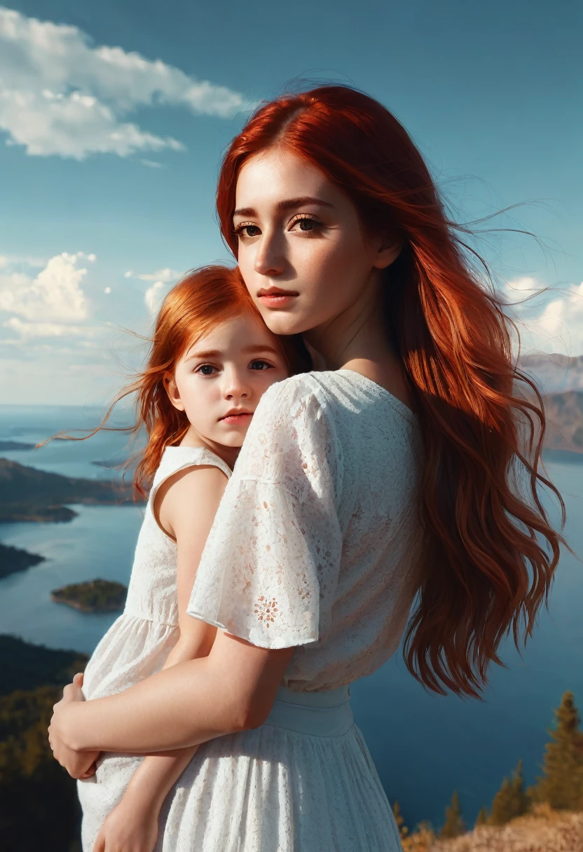 There is a woman holding a on her shoulders, a photo of irakli nadar, tumblr, Digital art, with a girl, Hermosa photo, emotional image, redhead girl, alena aenami and lilia alvarado, beautiful realistic photo, beautiful, Absolutely exceptional image, very beautiful photo, (Digital art), maternal, young and cute