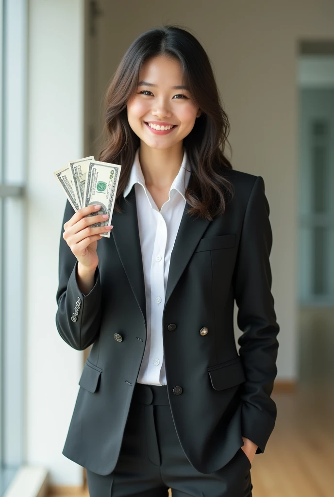 Create an 18-year-old Asian businesswoman, standing while holding money in her hand, smiling with a cute and charming face. The image is full-body, and she is dressed in a blazer that is revealing. She appears youthful and successful.