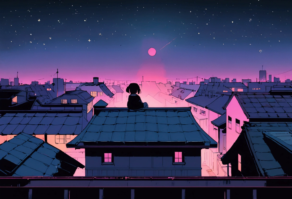 (Lofi), A girl sitting on the rooftop of an old house, Lo-fi image,retro, flat,2.5d, night light, rooftop view, neon scape, beautiful colorful night sky,stars ,analog color theme, fantasy ,line art, ink drawing, big ink line, watercolor, goauche color, studio Ghibli style, awesome colorful, outurn, synthwave, lofi art,90s style,old texture, amplitude,90s atmosphere, masterpiece, massive skills