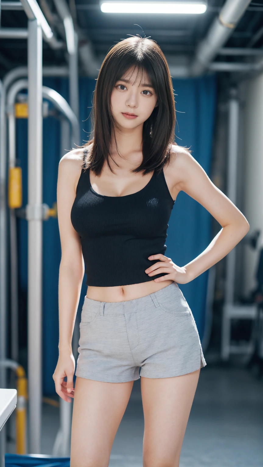 ((1girl)), woman, masterpiece, best quality, highest quality, cinematic lighting, (volumetric lighting), extremely detailed CG unity 8k wallpaper, focused, 8k wallpaper, extremely detailed, ultra realistic, photorealistic, sharp focus, absurdres, (HDR:1.2), (high contrast), photograph, detailed and intricate, instagram, portrait, highly detailed, digital painting, artstation, concept art, smooth, sharp focus, illustration, cinematic lighting, (big breast:1.3), (((skinny, slim legs))), (japanese idol posture), (knit strap tanktop, short pants, cleavage), looking at the viewer, (I don't see arms)), ((Standing)), ((Medium body shot, hip level shot)), long hair.