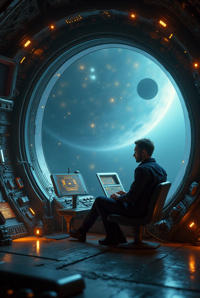 Alien spaceship with a person sitting inside controlling the alien spaceship, the open window with space and planets in the background 