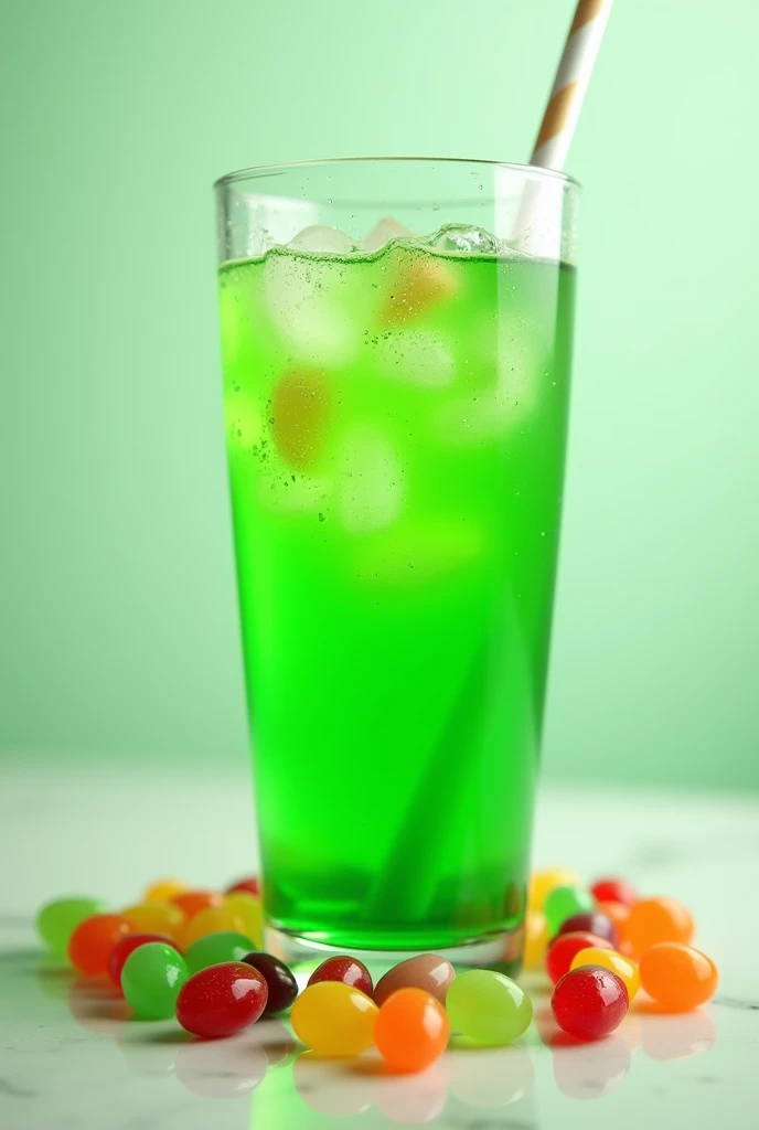A drink in a 32 oz green glass with jelly beans
