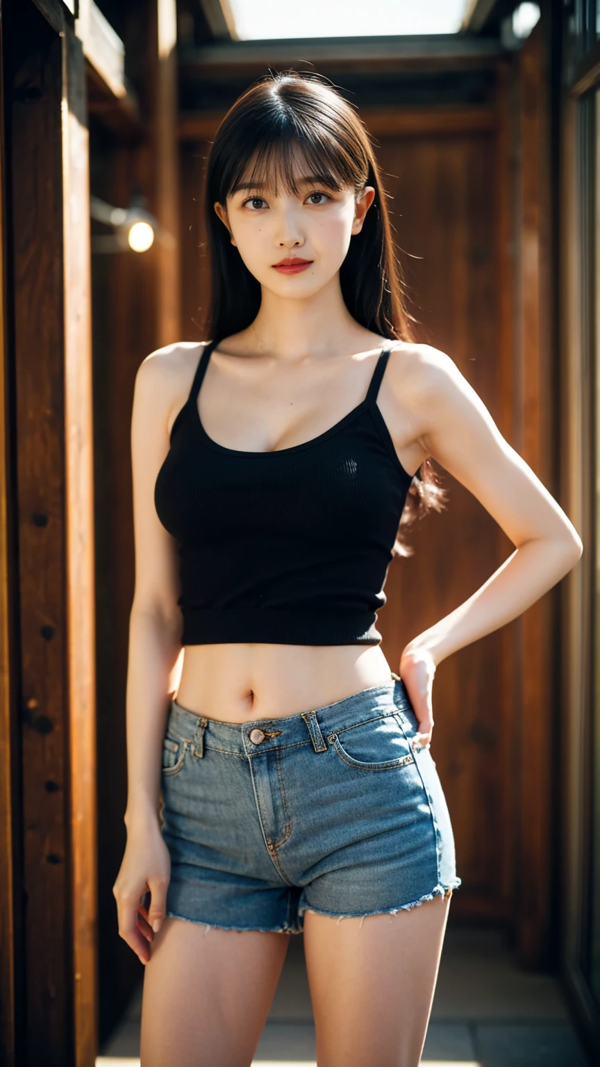 ((1girl)), woman, masterpiece, best quality, highest quality, cinematic lighting, (volumetric lighting), extremely detailed CG unity 8k wallpaper, focused, 8k wallpaper, extremely detailed, ultra realistic, photorealistic, sharp focus, absurdres, (HDR:1.2), (high contrast), photograph, detailed and intricate, instagram, portrait, highly detailed, digital painting, artstation, concept art, smooth, sharp focus, illustration, cinematic lighting, (big breast:1.3), (((skinny, slim legs))), (japanese idol posture), (knit strap tanktop, short pants, cleavage), looking at the viewer, (I don't see arms)), ((Standing)), ((Medium body shot, hip level shot)), long hair.