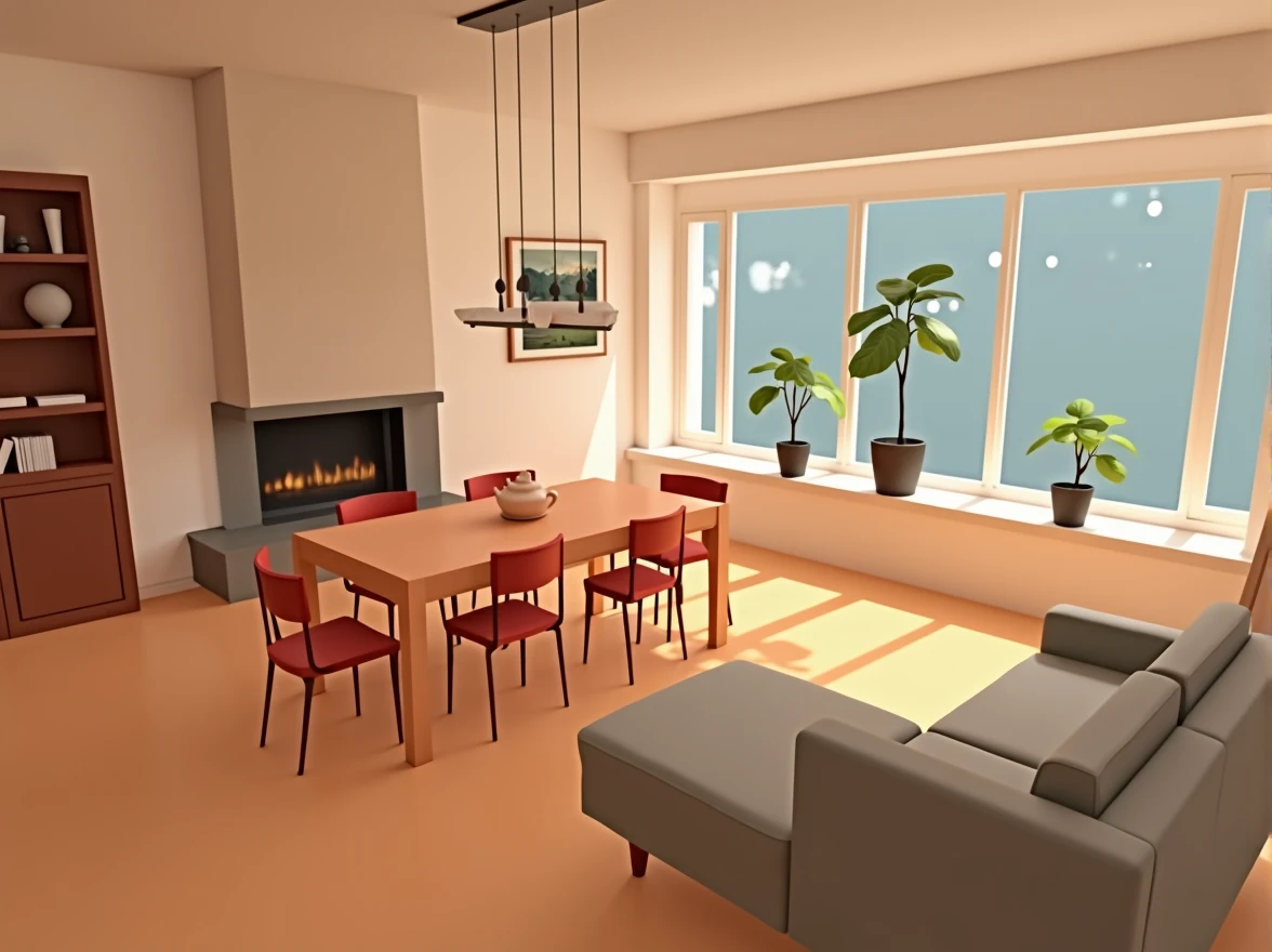 maintain the floor characteristics, walls, fireplace and window in the photo (as it is) and replace furniture for living room and dining room, more modern and minimalist, sala modular, wooden dining room, plants, Generating an adequate organization for the space while maintaining the infrastructure characteristics 