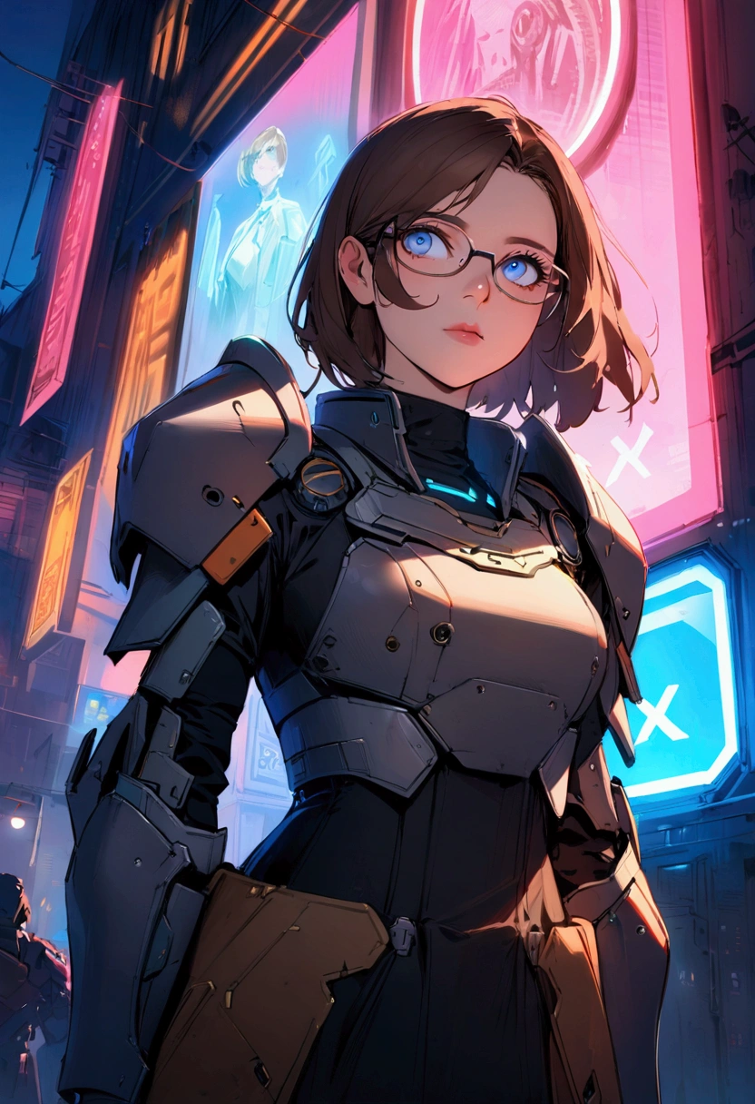 artwork, Best Quality, , (Alone), 1 girl, I look up, diffused light, , horizon_(legends of the apex), Glasses, blue eyes, Brown hair, gauntlets, shoulder armor, has, (parts:0.5), , (science_Fiction), outdoor, of the, Neon lights, cyberpunk,