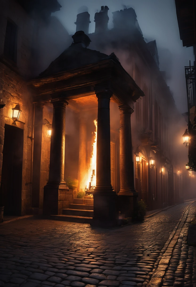 intricate column of fire, small village at night, dramatic lighting, dark and moody atmosphere, warm glowing flames, flickering firelight, architectural details, tall dark buildings, winding cobblestone streets, mysterious shadows, atmospheric fog or mist, touch of fantasy, cinematic composition, highly detailed, 8k, photorealistic, chiaroscuro lighting, dramatic contrasts, rich color palette, warm color tones