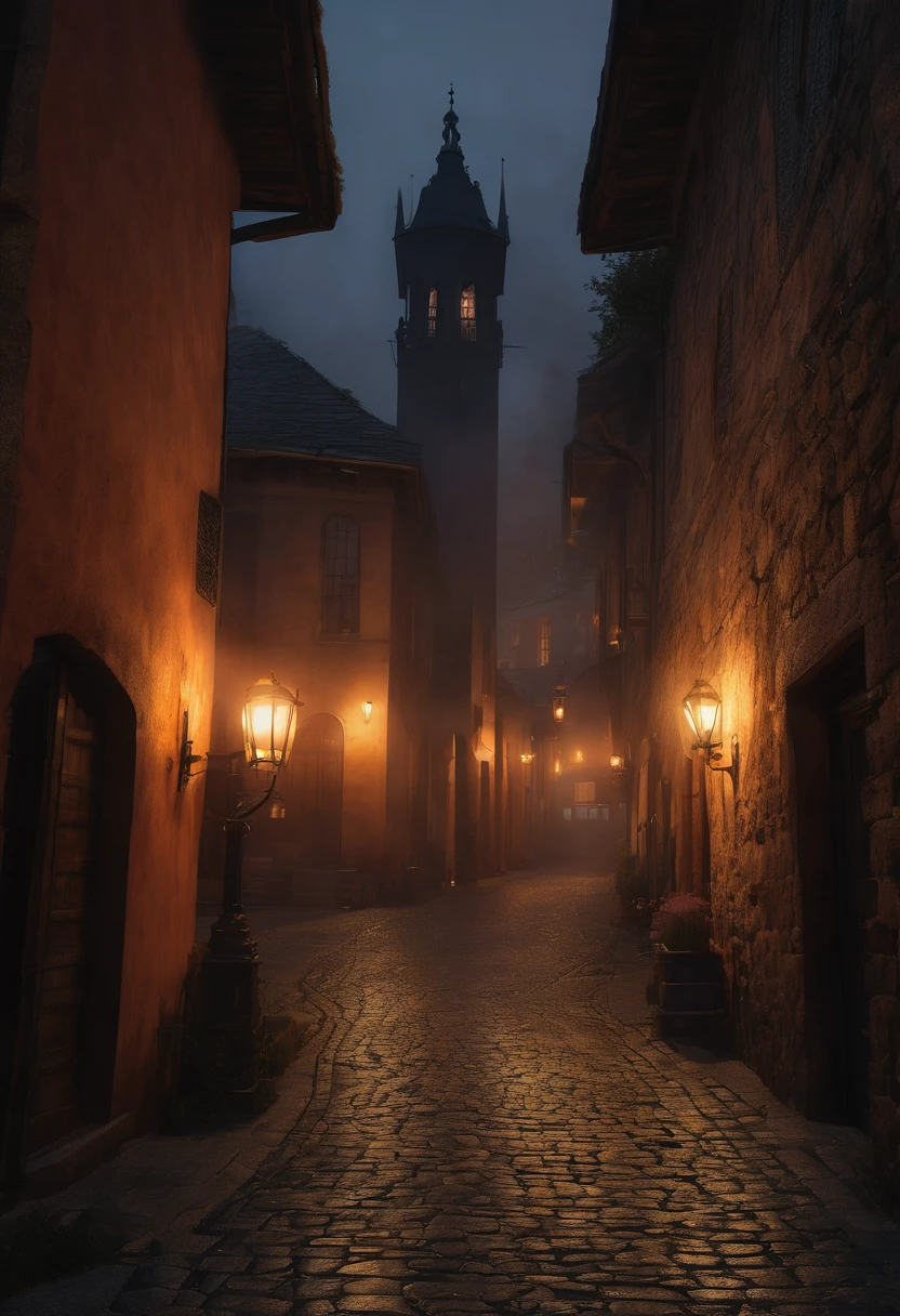 intricate column of fire, small village at night, dramatic lighting, dark and moody atmosphere, warm glowing flames, flickering firelight, architectural details, tall dark buildings, winding cobblestone streets, mysterious shadows, atmospheric fog or mist, touch of fantasy, cinematic composition, highly detailed, 8k, photorealistic, chiaroscuro lighting, dramatic contrasts, rich color palette, warm color tones