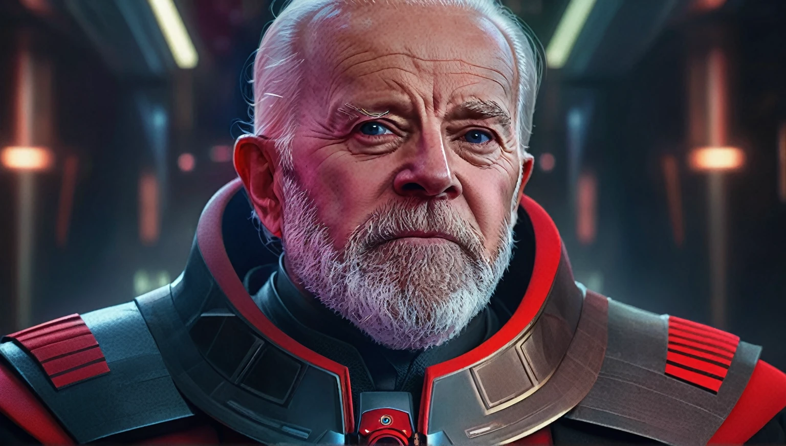 a close up of a man in a red and black suit, Joe Biden como um Lorde Sith, portrait of hide the pain harold, old cyberpunk, cyberpunk joe biden, Wojtek FUS, inspirado em Lajos Vajda, cyborg Joe Biden, oleg zherebin, inspired by Johfra Bosschart, inspirado em Stanley Twardowicz