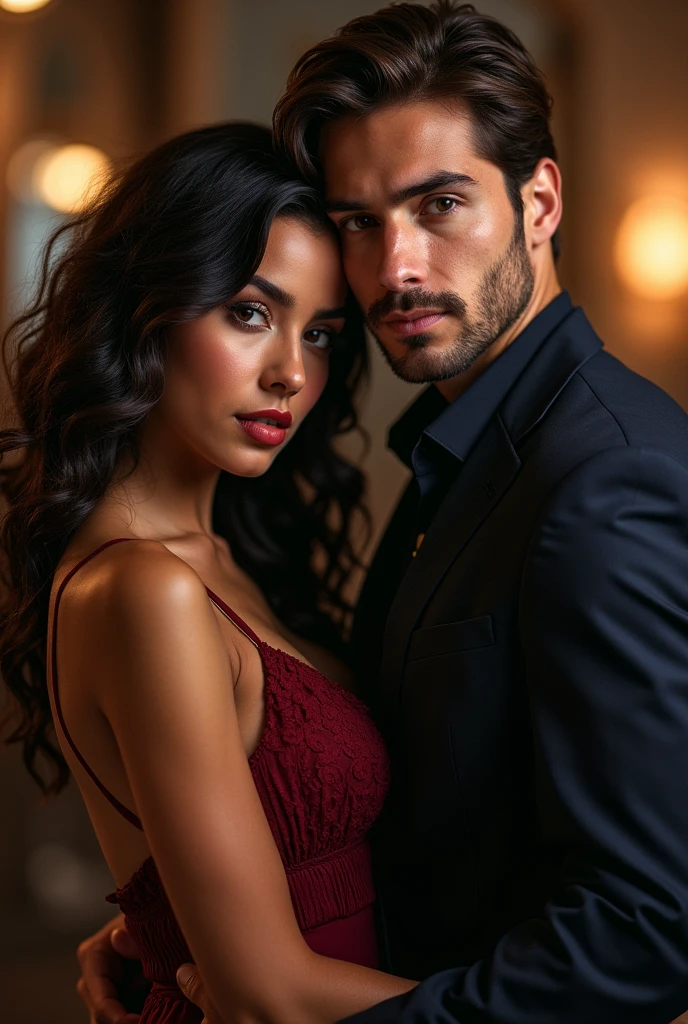 a handsome man and a beautiful lady, a beautiful couple, both wearing hyper clothes, indoor, fantasy, having fun, happy couple, beautiful detailed eyes, beautiful detailed lips, extremely detailed eyes and face, longeyelashes, (best quality,4k,8k,highres,masterpiece:1.2),ultra-detailed,(realistic,photorealistic,photo-realistic:1.37),dynamic pose, studio lighting, vivid colors, warm color tone, soft lighting, romantic atmosphere