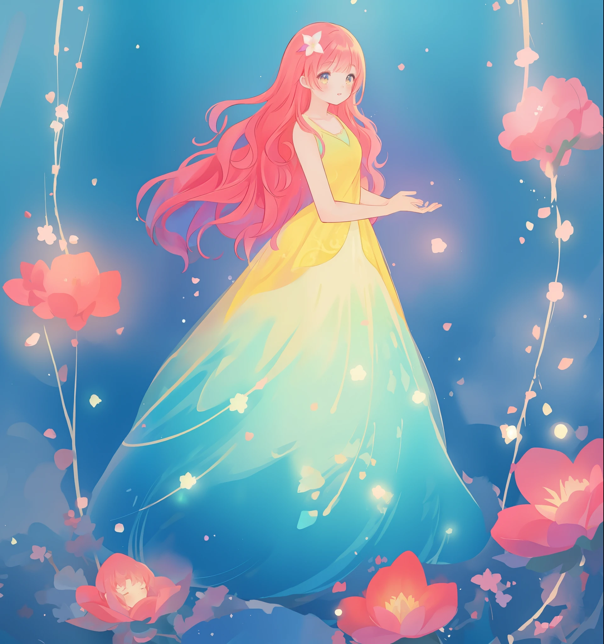 beautiful anime girl in puffy layered gradient ballgown, vibrant colors, (colorful), magical lights, magical flowers, red pink long wavy hair, Glen Keane, Lois van Baarle, jen bartel, fantasia background, magical, beautiful face, intricate details, sharp focus, liquid watercolor illustration