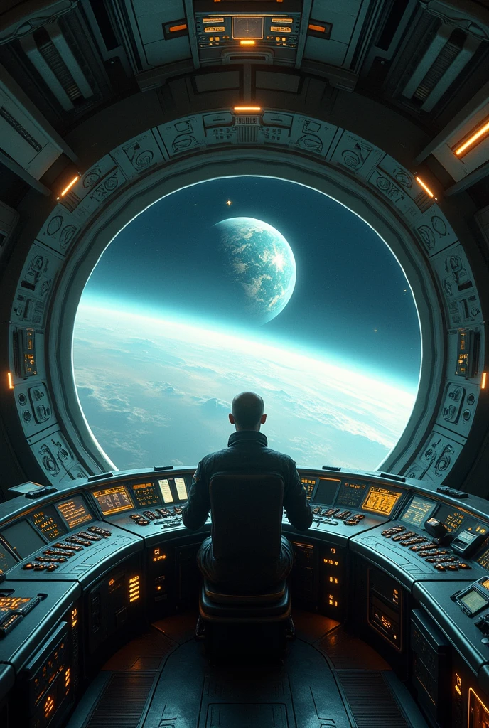 Alien spaceship with a person sitting inside controlling the alien spaceship, the open window with space and planet earth in the background