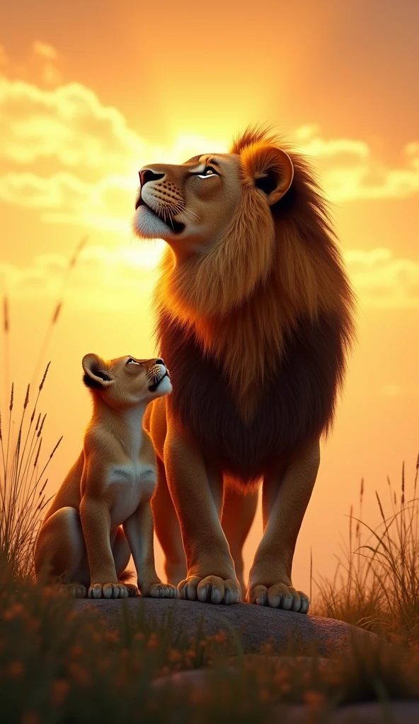 Create an 8k high-resolution, hyper-realistic image of a majestic lion gazing up at the sky during sunrise, with its cub by its side. The scene should be highly detailed, capturing every aspect of the lion and cub with lifelike precision:
Lion and Cub:
Lion: The adult lion should be depicted as powerful and regal, with an intricately detailed mane that reflects the warm light of the rising sun. Each strand of fur should be visible, with the textures varying from the roughness of the mane to the smoother fur on its body. The lion’s eyes should show depth and emotion, with the reflection of the dawn sky captured within them. Its posture should exude strength and calmness as it gazes at the sky.
Cub: The cub should be close to the lion, with its fur soft and slightly tousled, emphasizing its youth. Every detail of the cub’s fur, from the fine hairs on its face to the slight unevenness of its coat, should be meticulously rendered. The cub’s expression should be one of curiosity and innocence, with its eyes also reflecting the warm colors of the sunrise. The bond between the lion and its cub should be clear, with the cub leaning gently against the lion.
Sunrise Sky:
Sky: The sky should be rich with the vibrant hues of sunrise—deep oranges, pinks, and soft golds. The sun should be just above the horizon, casting a warm glow that enhances the realism of the scene. The light should interact naturally with the lion and cub, casting soft, realistic shadows and highlights that enhance the textures of their fur.
Environment:
Landscape: The setting should be a natural landscape, like a grassy plain or a rocky outcrop. The grass should be rendered with individual blades, showing slight movement in the morning breeze. Dewdrops on the grass should catch the light, adding to the realism. Rocks or other natural elements should have realistic textures, with slight imperfections that add authenticity to the scene.
Foreground/Background: The foreground should include small details l