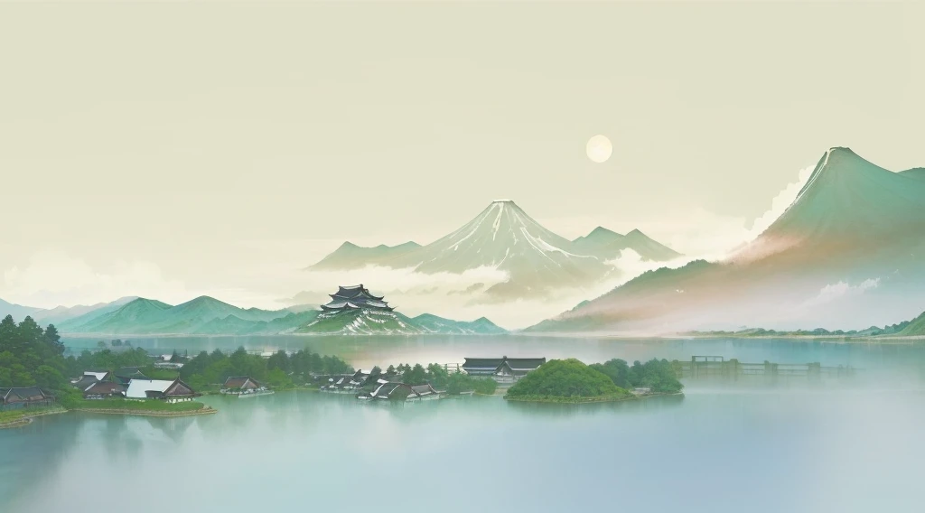 There is a painting,There is a mountain in the painting,A lake,And a ship, Detailed scenery —width 672, Landscape Artwork, Japanese Landscape, Tranquil scenery, Japanese-style, Anime Landscape, Tranquility illustration, landscape illustration, Anime Landscape wallpaper, in a Tranquil scenery, Tranquil scenery, Chinese watercolor style, A beautiful artistic illustration, Landscape Wallpaper, Japanese art style, Anime rural scenery