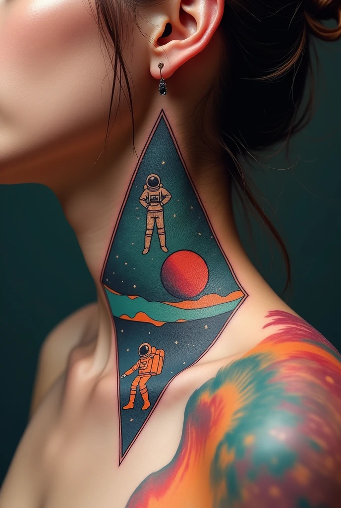 Please I would like unique and creative ideas for simplified astronaut tattoo designs with geometric shapes, tattoo on the side of the neck, retro synthwave style in the universe