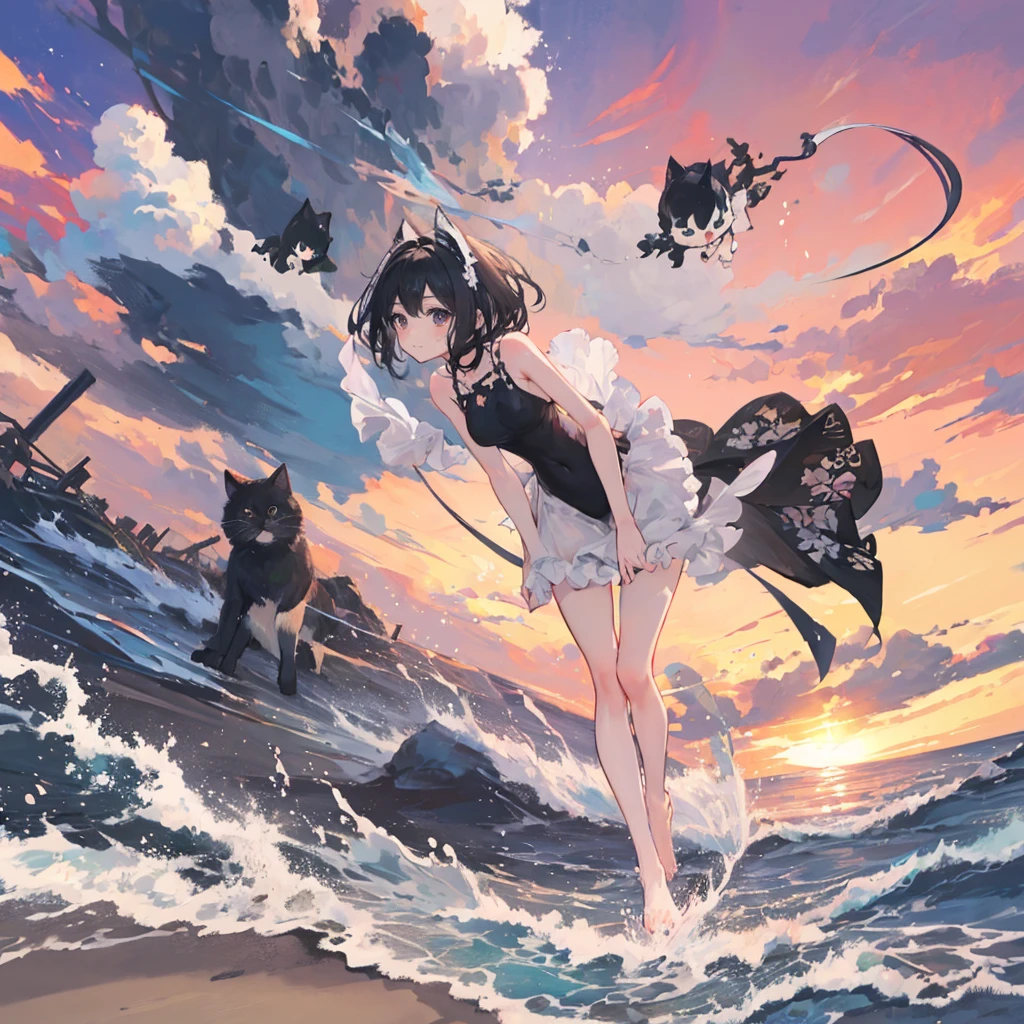 masterpiece, best quality, Extremely detailed, illustration,, Hanekawa short-haired cat, 1 Girl, whole body, , black eyes, Colorful hair, Black Hair, White hair,, swimsuit,, Detailed background, Marketing style, beach, Sunset,
