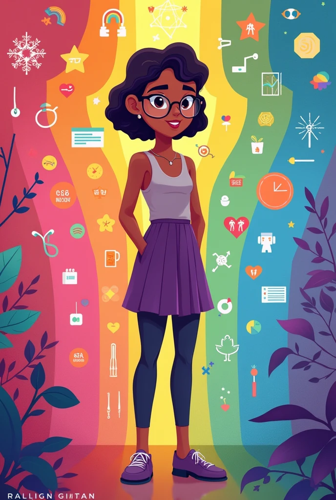 representation of comprehensive sexual education with one main character and more elements of the sexual education in the background. With the rainbow's colors.