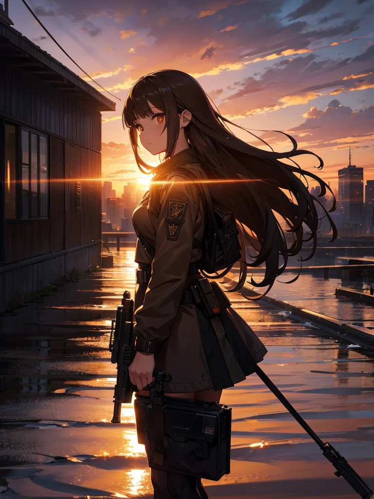 Cityscape, building, Skyline, sunset, Silhouette with cumulonimbus clouds in the background, meditation. Watching the beautiful sunset, sunset時に, sunset時, sunsetとともに, In the sunset, Nice views, Sunset view, With the sunset, sunset時に, During Golden Hour, looking sunset時に, Sunset in the background, Watching the sunset, In the spotlight, holding_gun, assault_rifle, Very detailed, Brown Hair, Long Hair, Anime Style, whole body, alone, Stylish Gunfighter Girl, Holding a steampunk long barrel pistol, The background is a dark and desolate landscape, Horror movie atmosphere. Her figure is very beautiful, Emphasizing the dark and crazy elements. Skillfully expressing the effects of light and shadow, Anime girls with guns and rifles, from Girls' Frontline