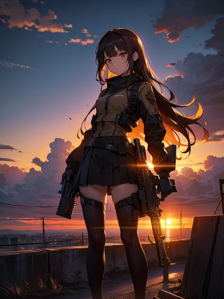 Cityscape, building, Skyline, sunset, Silhouette with cumulonimbus clouds in the background, meditation. Watching the beautiful sunset, sunset時に, sunset時, sunsetとともに, In the sunset, Nice views, Sunset view, With the sunset, sunset時に, During Golden Hour, looking sunset時に, Sunset in the background, Watching the sunset, In the spotlight, holding_gun, assault_rifle, Very detailed, Brown Hair, Long Hair, Anime Style, whole body, alone, Stylish Gunfighter Girl, Holding a steampunk long barrel pistol, The background is a dark and desolate landscape, Horror movie atmosphere. Her figure is very beautiful, Emphasizing the dark and crazy elements. Skillfully expressing the effects of light and shadow, Anime girls with guns and rifles, from Girls&#39; Frontline