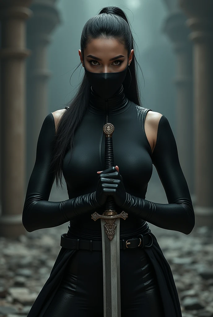 Satria is a beautiful woman dressed in all black, wearing a face mask while holding a sword in front of him