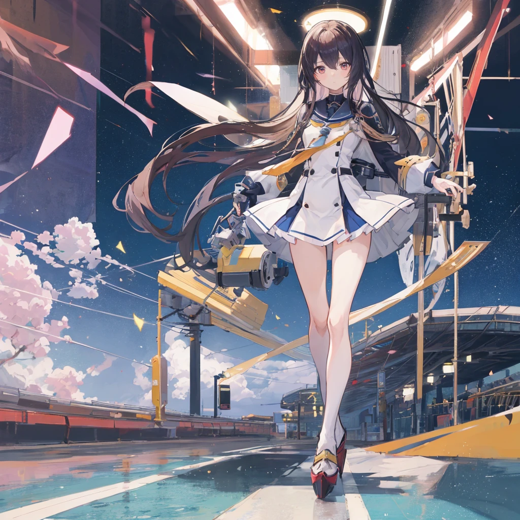 Long-haired anime girl walking on the train platform, Fleet Collection Style, Electromagnetic cannon, The Golden Fleet, Kantai Collection Arcade, captain, Shinkai Makoto风格, Cute girl anime visual, Shinkai Makoto的艺术风格, Beautiful anime high school girl, Anime style 4k, official art works, Shinkai Makoto
